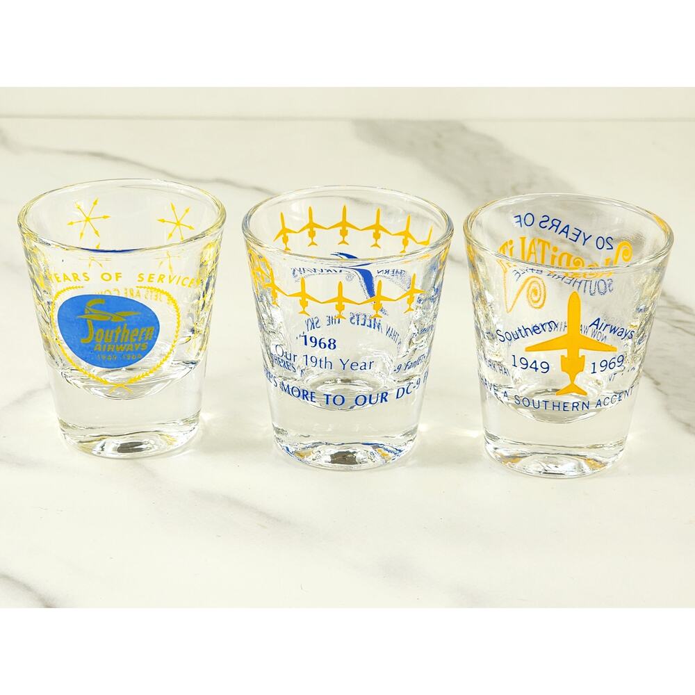 Southern Airways Airline Shot Glass 17th 19th 20th Anniversary 60s x3 New Vtg
